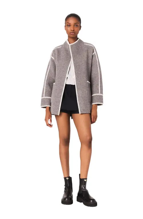 maje Double-faced coat with trim in Grey/white at Nordstrom, Size 38 Eu | Nordstrom