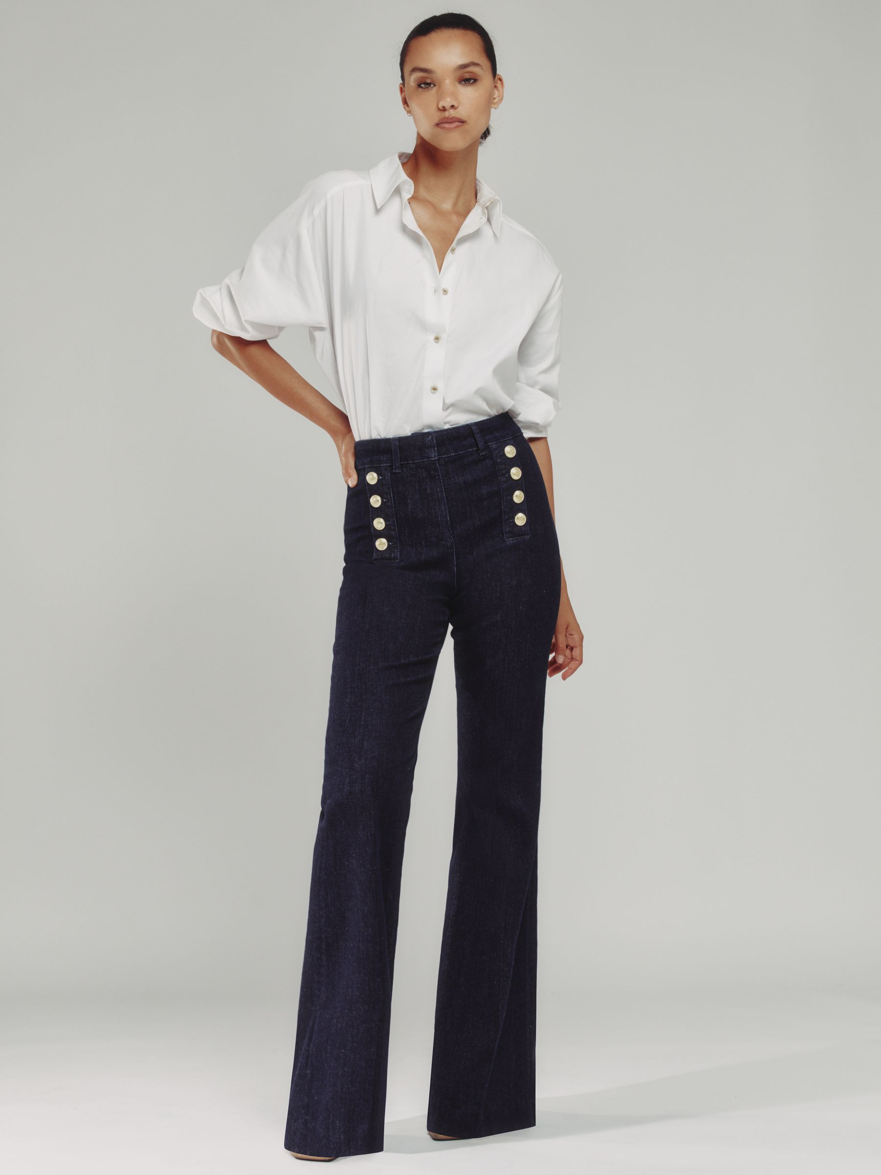 Button-Detail High-Rise Flared Jeans in Dark Blue | Reiss US