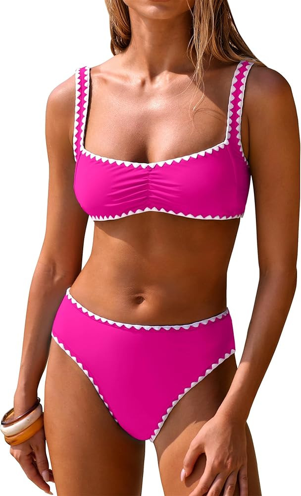 ANRABESS Womens Bikini Sets Two Piece Swimsuit Ribbed Front Ruched Mid Waisted Bathing Suit Color... | Amazon (US)