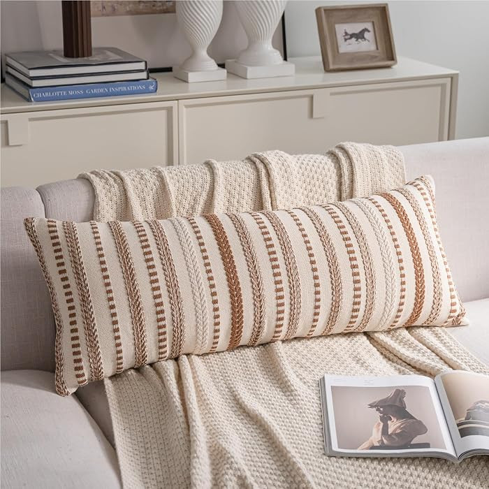 Brown Boho Lumbar Pillow Covers 14x36 Long, Stripe Textured Decorative Couch Pillow Cases for Bed, Sofa, Living Room, Bedroom, Farmhouse Home Accent Cushion Covers, Pack of 1 | Amazon (US)