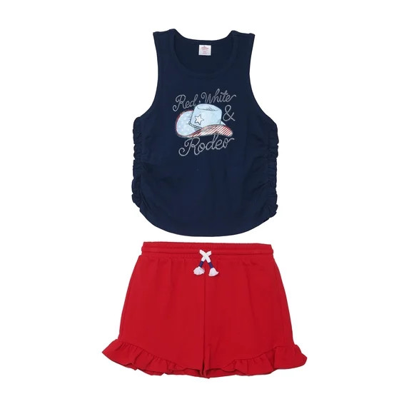 Way to Celebrate Girls Patriotic Americana Cinched Tank and Flutter Short Set, 2-Piece, Sizes 4-1... | Walmart (US)
