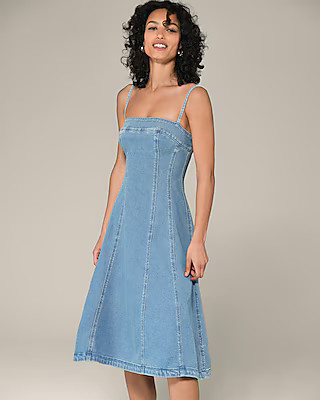 Medium Wash Square Neck Midi Denim Fit and Flare Dress | Express
