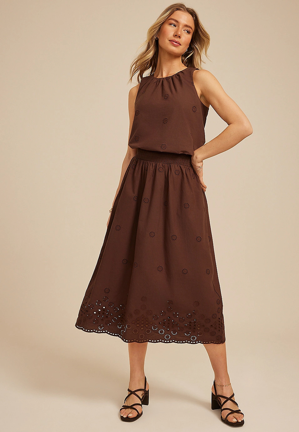 Brown Eyelet High Rise Maxi Skirt | Maurices