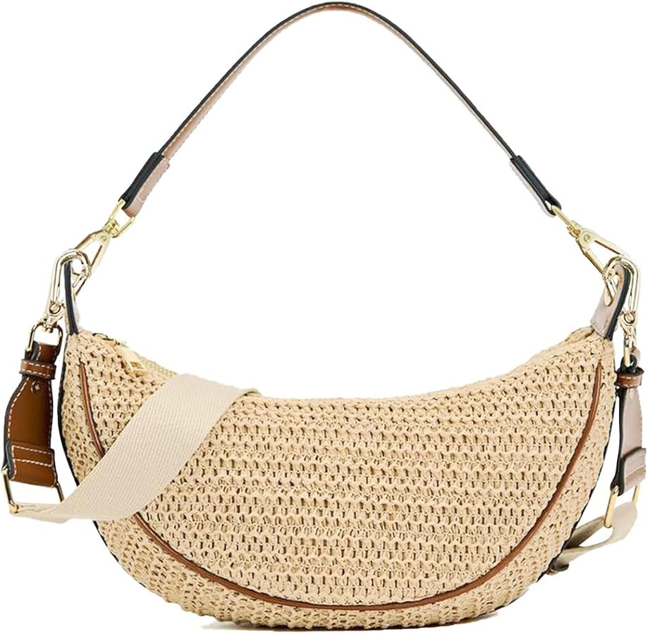 Straw Crossbody Bags for Women Beach Woven Hobo Handbag Summer Chic Crescent Shoulder Purses with... | Amazon (US)