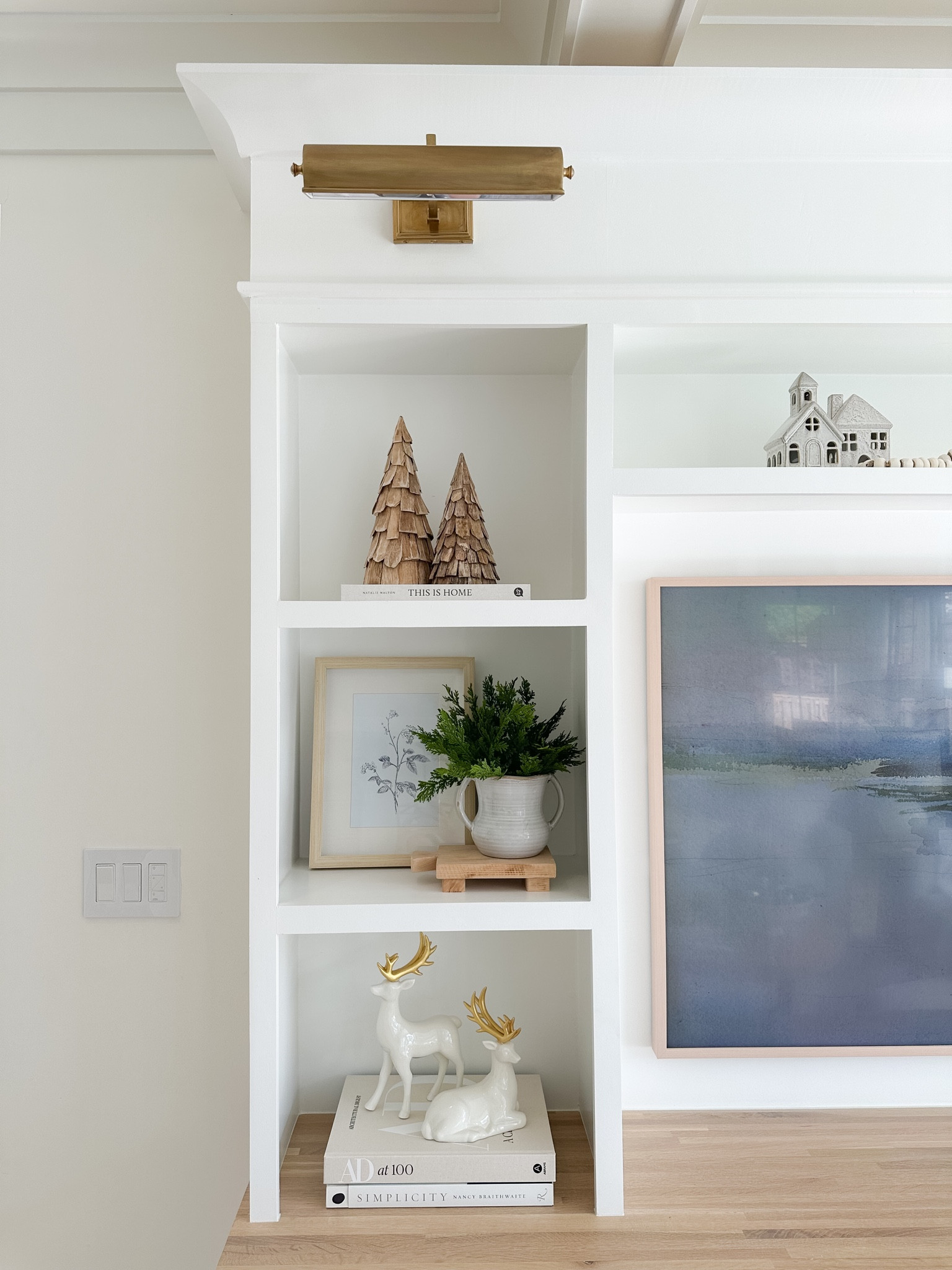 Target Christmas decor, Christmas village house, ceramic, white and gold reindeer, Christmas tree, figurines, brass, picture, light, shelf, decor

#LTKHoliday #LTKhome #LTKSeasonal