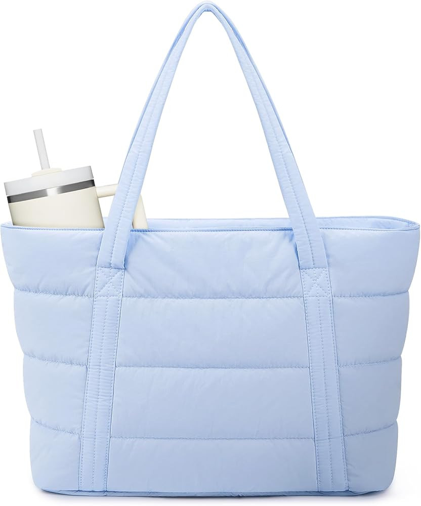 Narwey Puffer Tote Bag for Women with Cup Holder & Laptop Compartments, Quilted Puffy Travel Work... | Amazon (US)