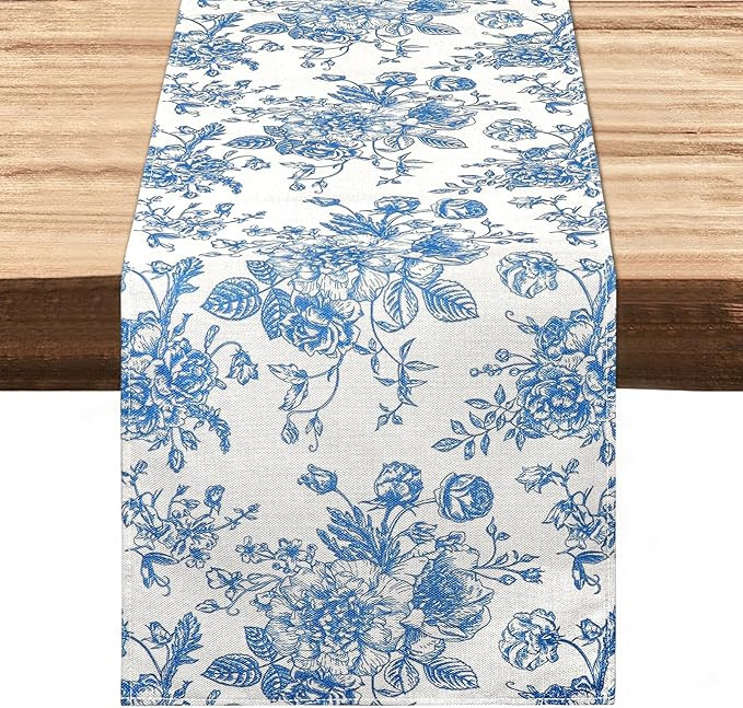 Dremisland Blue Table Runner Farmhouse 72 Inch Retro Monochrome Sketch Rose Table Runner Rustic T... | Amazon (UK)