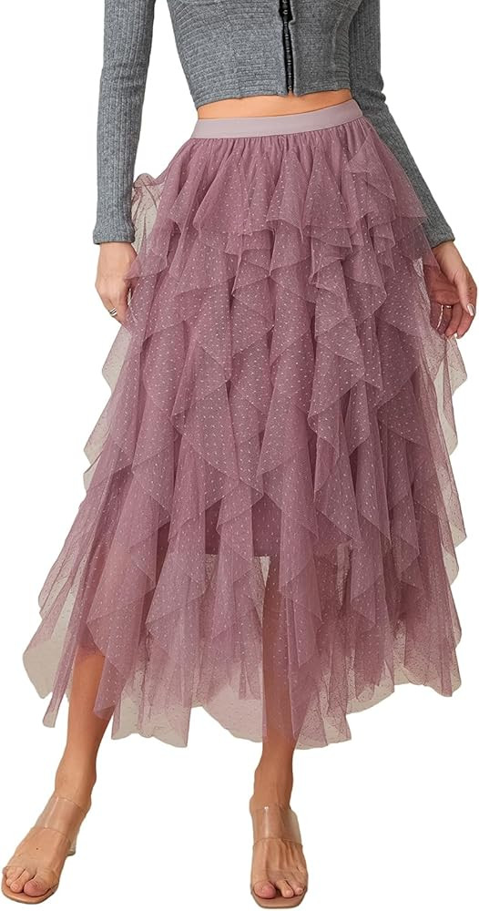 Women's Tulle Midi Skirt Elastic High Waist Layered Pleated Mesh Flowy A-Line Prom Party Long Tut... | Amazon (US)
