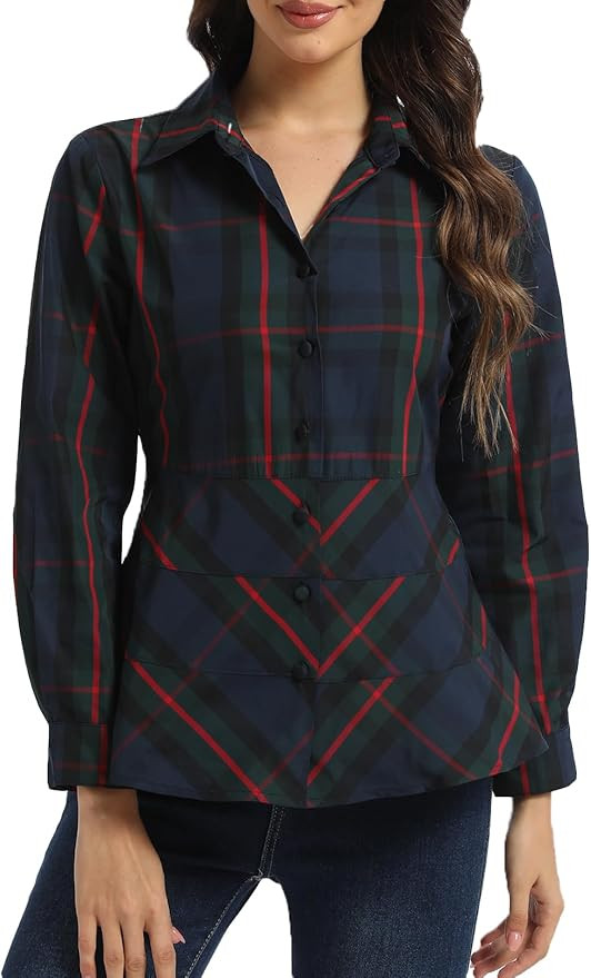 Ladyful Women's Button Down Shirt Cropped Long Sleeve Collared Tiered Blouse Slim Flare Casual To... | Amazon (US)