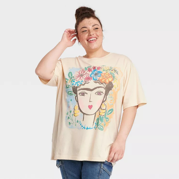 Women's Frida Kahlo Watercolor Short Sleeve Graphic T-Shirt - Beige | Target