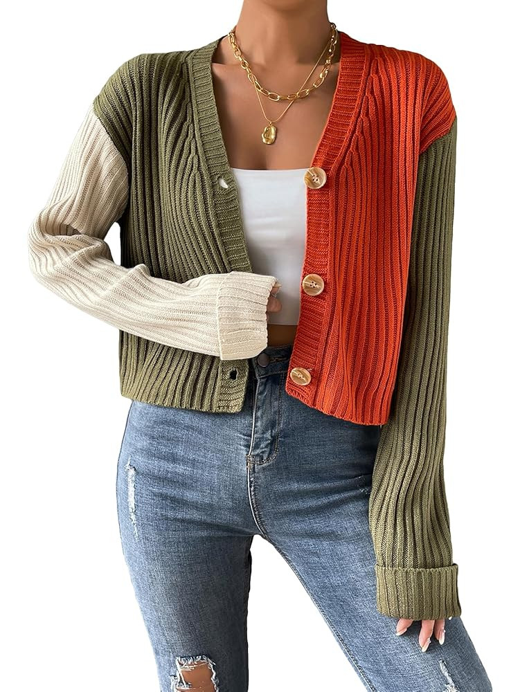 WDIRARA Women's Long Sleeve Button Front V Neck Casual Crop Cardigan Sweater | Amazon (US)