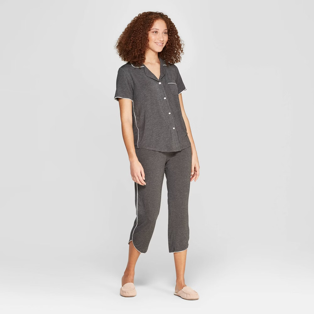 Women's Beautifully Soft Notch Collar Cropped Pajama Set - Stars Above Gray S | Target