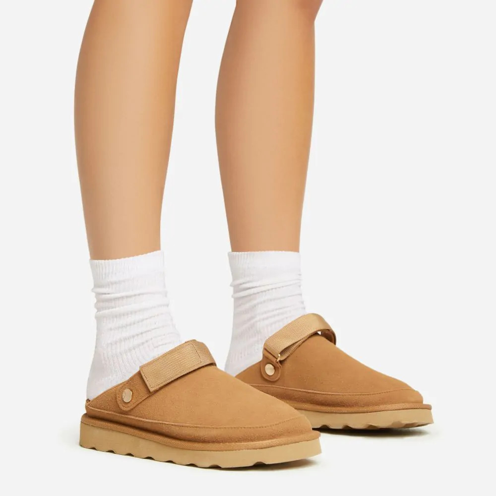 Mary Closed Toe Slingback Flat Clog In Chestnut Brown Faux Suede | EGO Shoes (US & Canada)