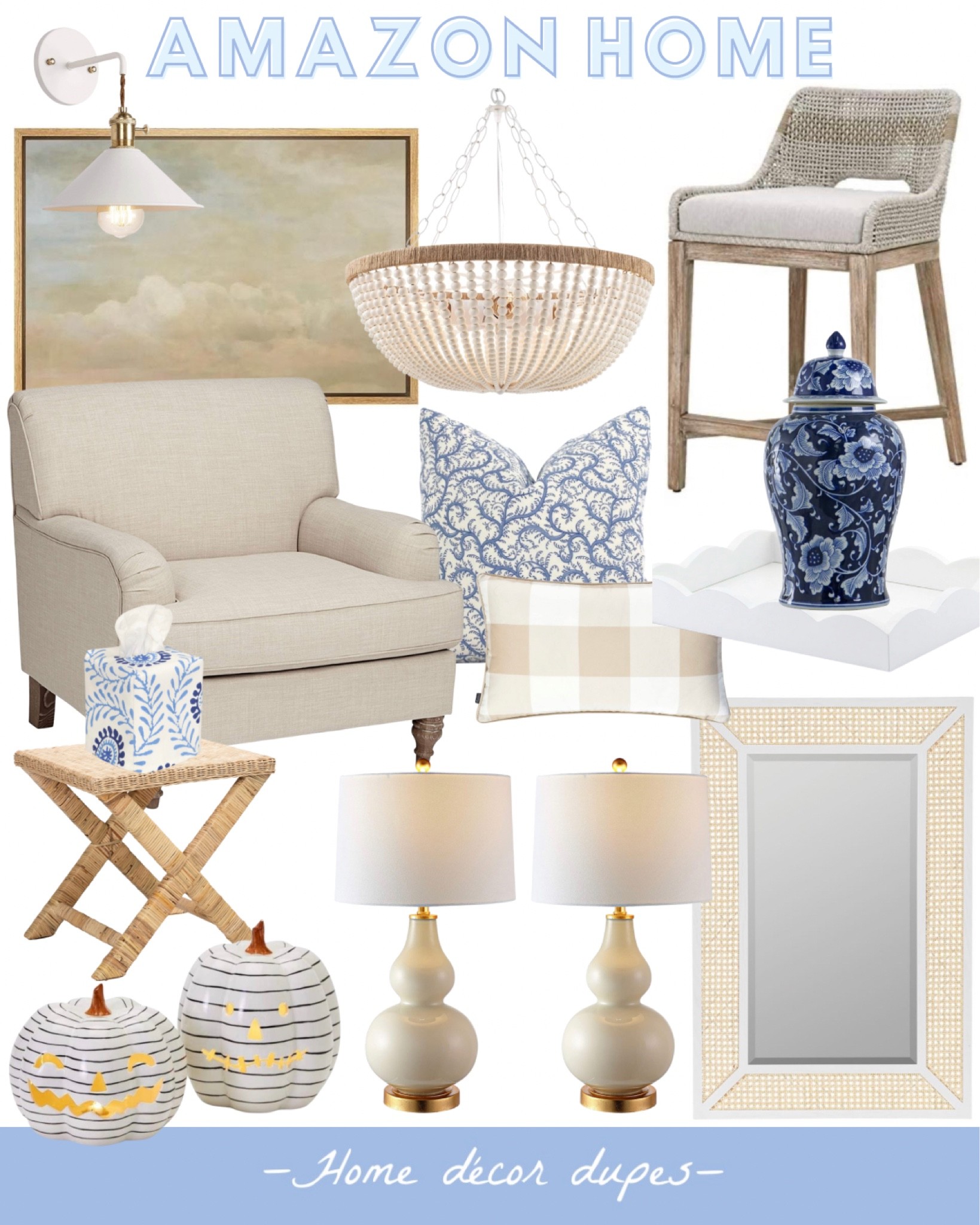New Amazon Beachy coastal traditional with a touch of Halloween home roundup! 🤣🎃

There are two Pottery Barn dupes! This chandelier is so pretty and under $200! And this white cane mirror is almost $100 less than what PB sells it for! 🙌🏻

And this neutral Buffalo check pillow is an extra 20% off when you apply the coupon in the amazon app 🙏🏻

And aren’t these striped jack-o-lanterns adorable?!! 😍 

#LTKHalloween #LTKhome #LTKsalealert