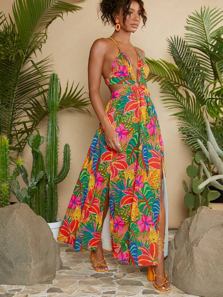 SHEIN VCAY Tropical Print Crisscross Tie Backless Split Thigh Cami Dress | SHEIN