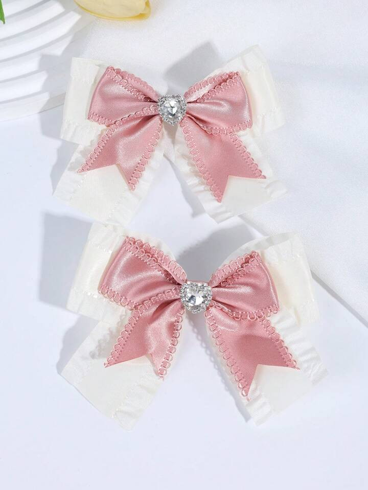2pcs  White Pink Hair Bow For Girls Elegant Bow Hair Clips With Rhinestone For Teens Kids Hair Ac... | SHEIN