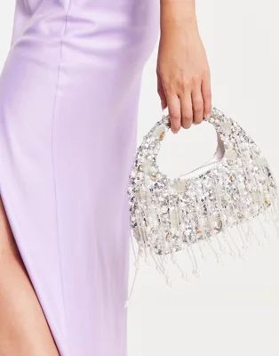 ASOS DESIGN pearl beaded fringe clutch bag in silver | ASOS (Global)