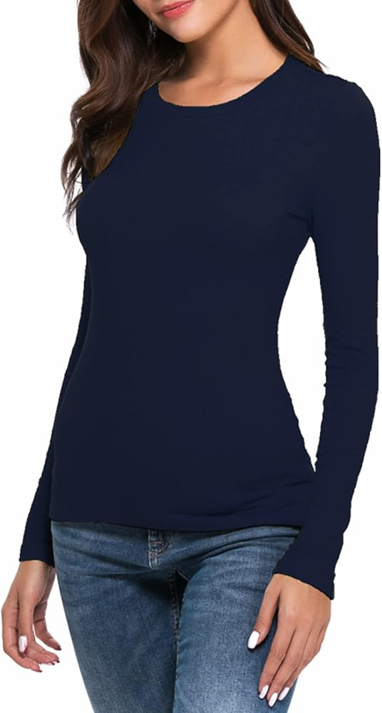 Women Long Sleeve Crew Neck/Scoop Neck Rayon Slim Fit Stretchy Layer T Shirts Tops | Amazon (US)