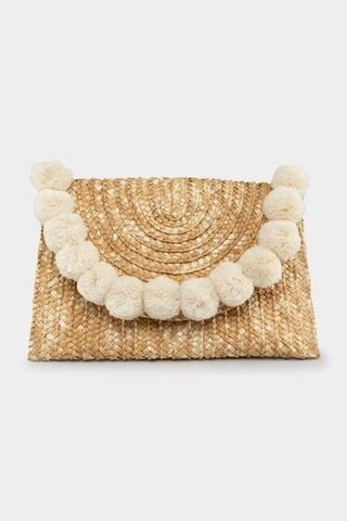 Jackie Straw Pom Clutch in White - francesca's | Francesca's