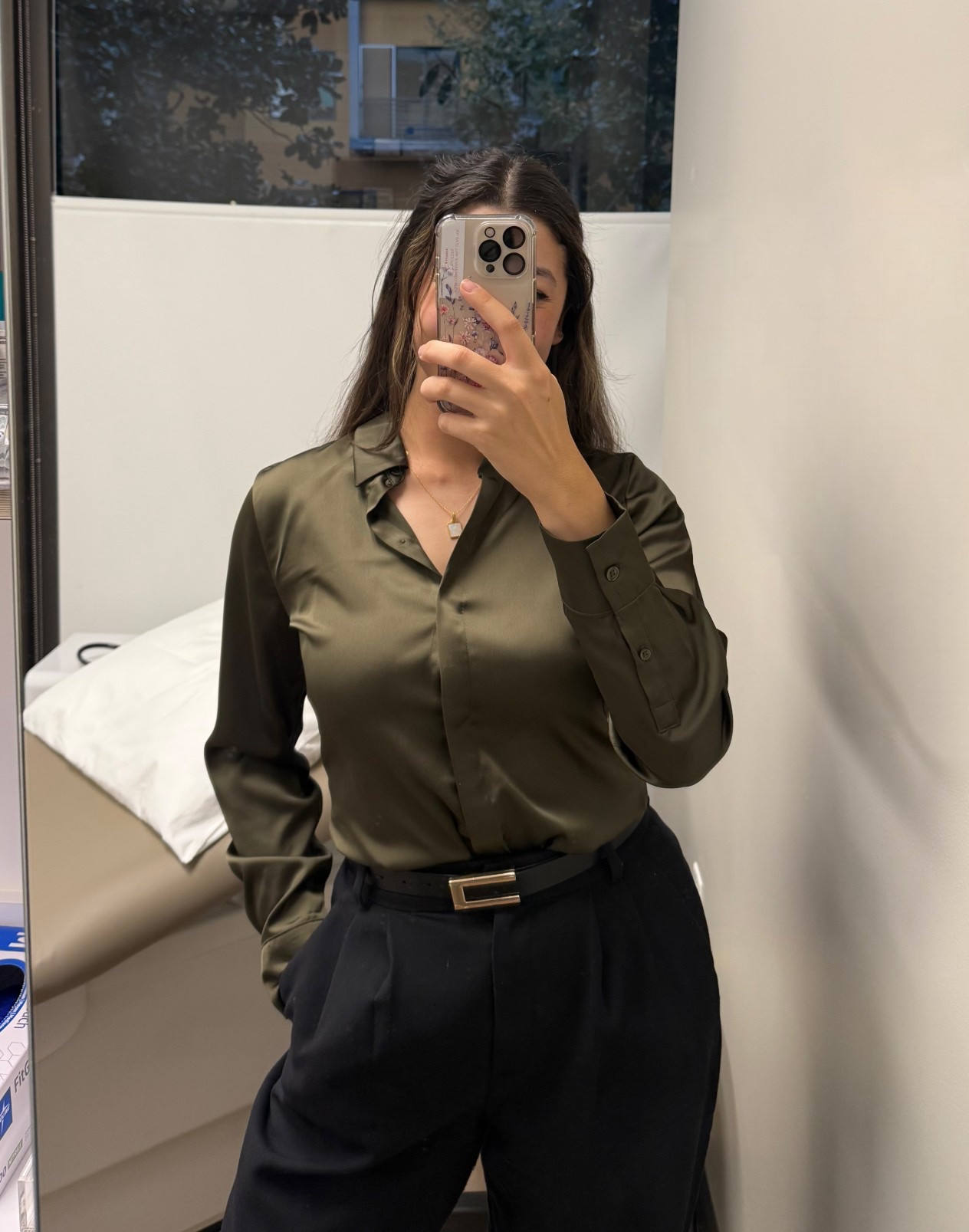 Business causal outfit 

Necklace - Sophiya jewelry 30+% off 
Green satin button up - sold out, linked similar! 
Black Abercrombie trousers - 27 regular curve love (on sale!) 
Belt - Amazon  
Paired with loafers 

#LTKWorkwear #LTKFindsUnder100 #LTKCyberWeek