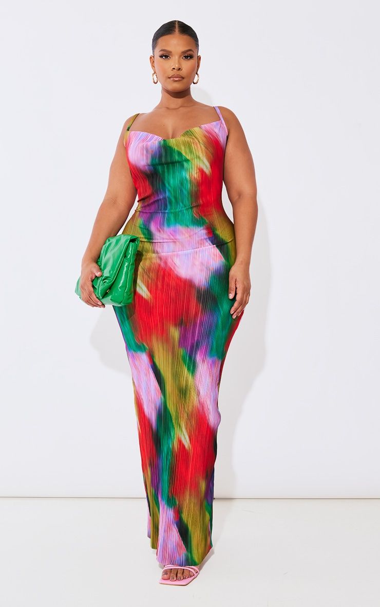 Plus Multi Printed Plisse Cowl Neck Maxi Dress | PrettyLittleThing US