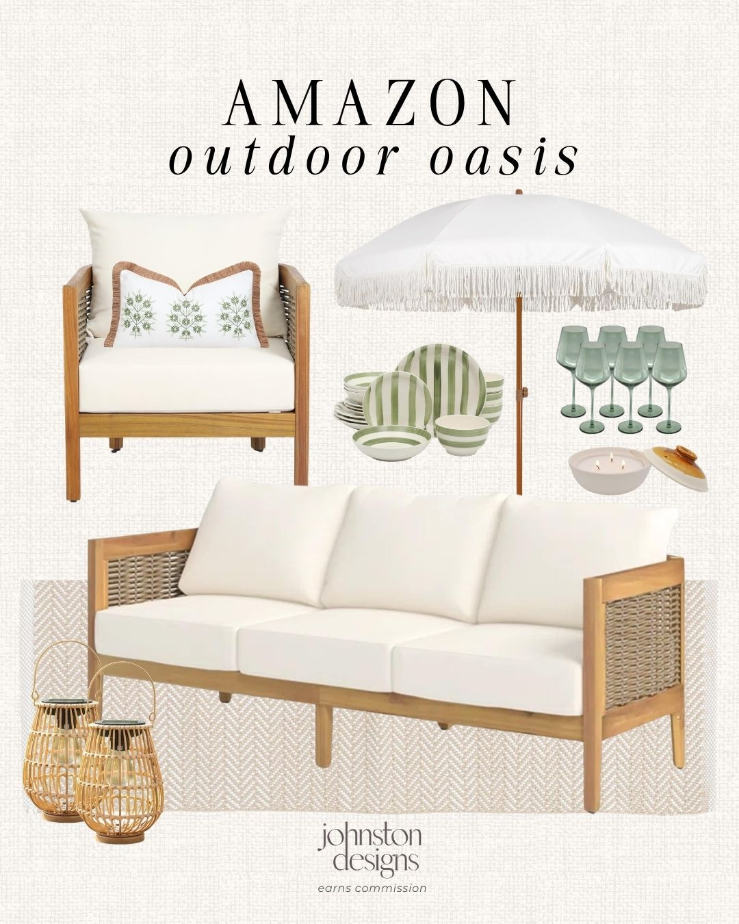 Amazon outdoor oasis finds with neutral patio furniture, striped dinnerware and breezy hosting pieces for a calm summer setup. 🌿

Amazon outdoor oasis, Amazon patio furniture, outdoor sofa, patio chair, fringe patio umbrella, green striped dinnerware, outdoor wine glasses, rattan lanterns, neutral outdoor rug, outdoor throw pillows, patio hosting finds, summer outdoor decor, backyard refresh, neutral patio style, outdoor entertaining essentials 

 #LTKSeasonal #LTKHome