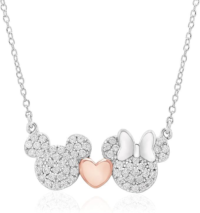 Disney Mickey and Minnie Mouse Sterling Silver Two Tone Cubic Zirconia Necklace with Pink Heart; ... | Amazon (US)