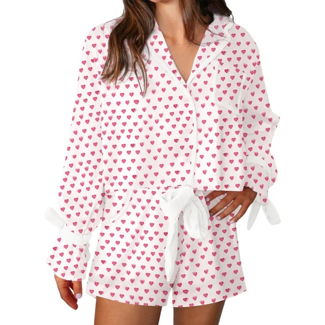 Licupiee Womens Valentine Pajamas Heart Bow Print Button Down Shirt Ruffle Shorts Cute Silk Bow T... | Walmart (US)