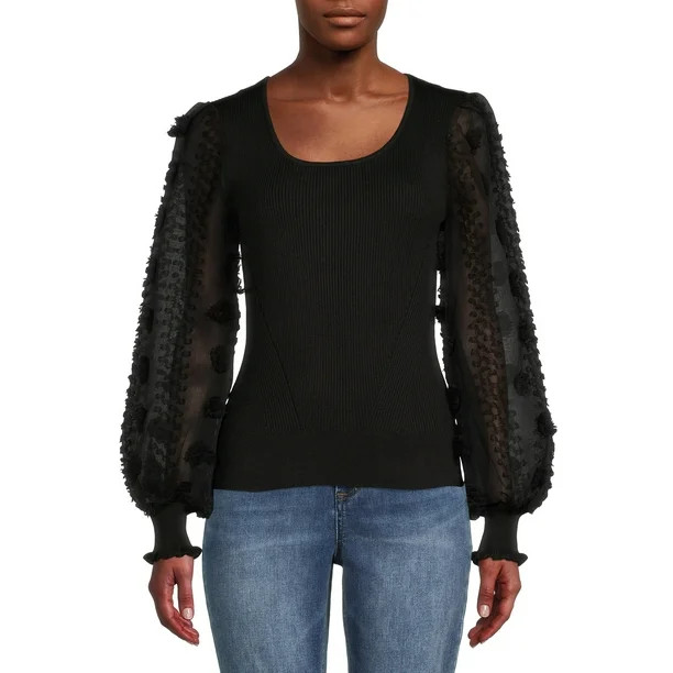 No Boundaries Juniors' Scoop Neck Top with Floral Bell Sleeves - Walmart.com | Walmart (US)