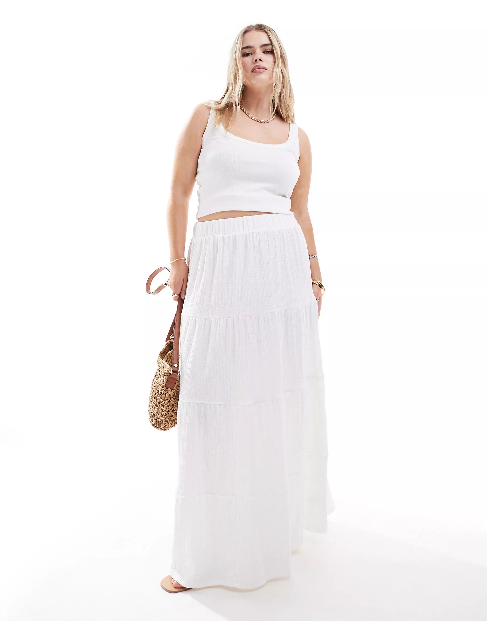 In The Style Plus textured tiered elasticated waist maxi skirt in cream | ASOS (Global)