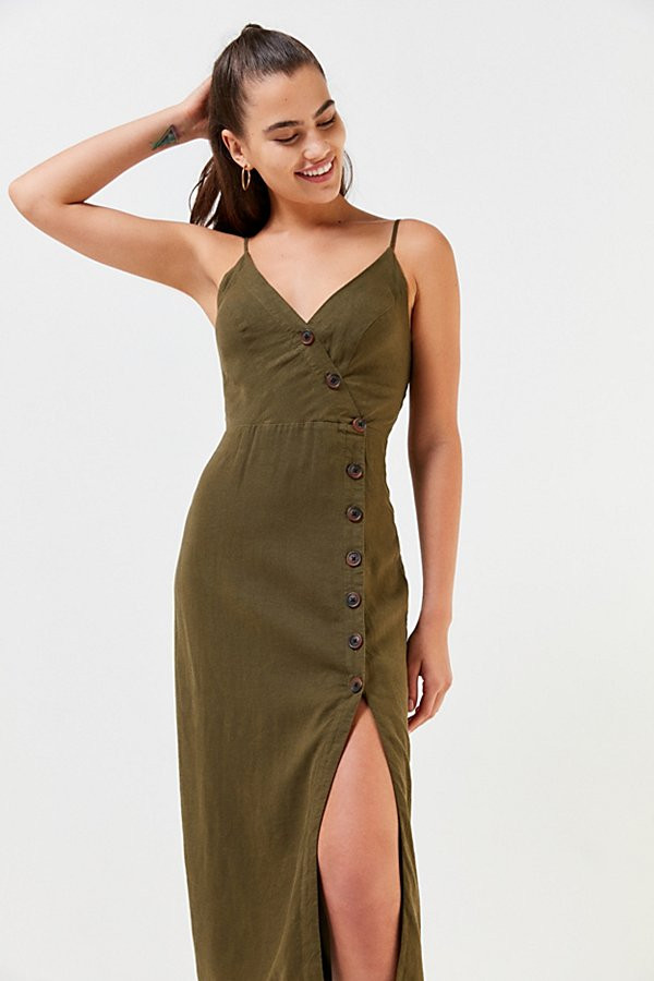 UO Amber Button-Down Linen Midi Dress - Green XS at Urban Outfitters | Urban Outfitters (US and RoW)