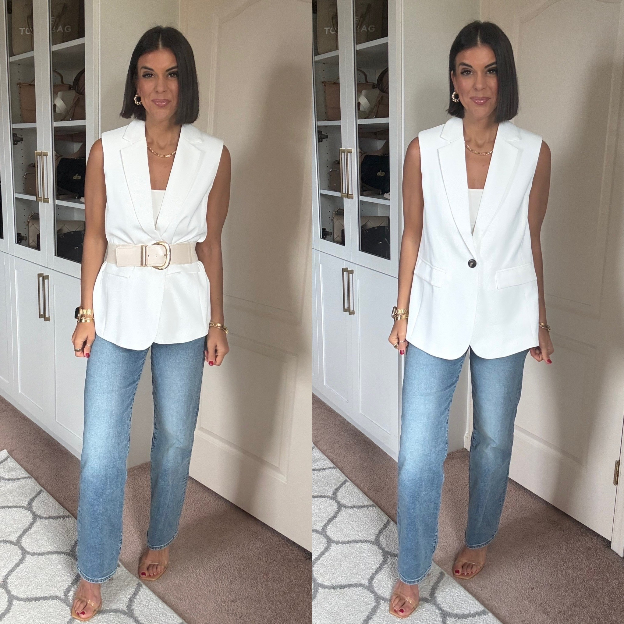 Size small in blazer vest and tank Size 27 in jeans

#LTKFindsUnder100 #LTKSeasonal