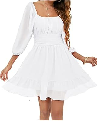 Phortric Womens Tie Back Summer Dress Square Neck Long Lantern Sleeve Off Shoulder A-Line Casual ... | Amazon (US)