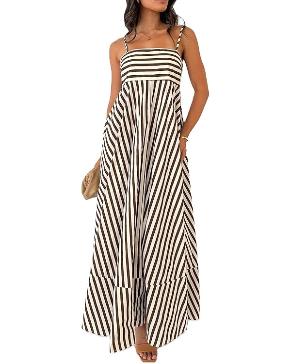 NUFIWI Women Summer Striped Maxi Dress Spaghetti Strap Cutout Ruffle Long Dress Flowy Swing Beach... | Amazon (US)