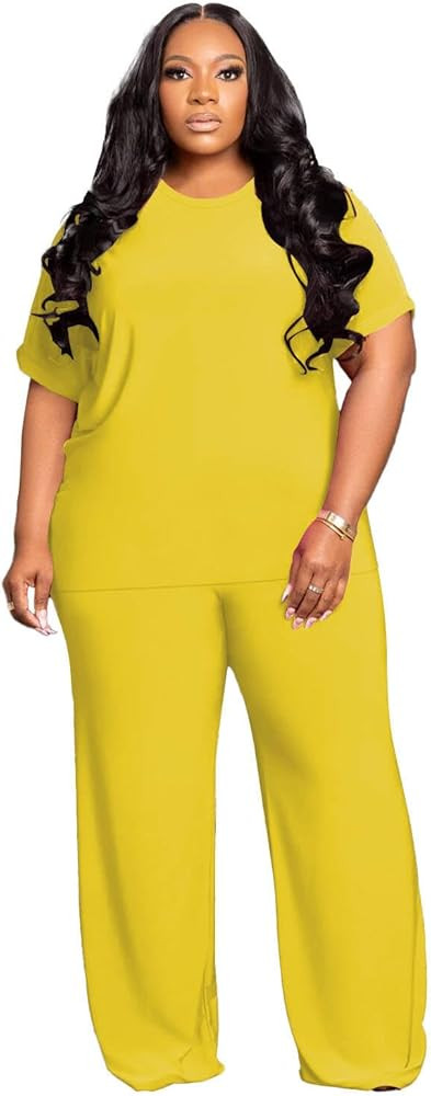 Women's Plus Size Two Piece Outfits Sweatsuits Sets Casual Short Sleeve Tops Loose Wide Leg Pants... | Amazon (US)