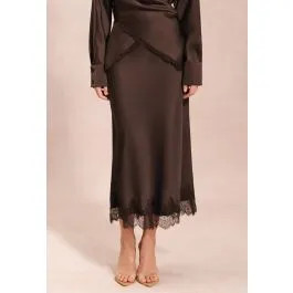 Silky Scalloped Lace Trim Satin Maxi Skirt in Chocolate Brown for Office Styling & Weekend Outing... | Chicwish