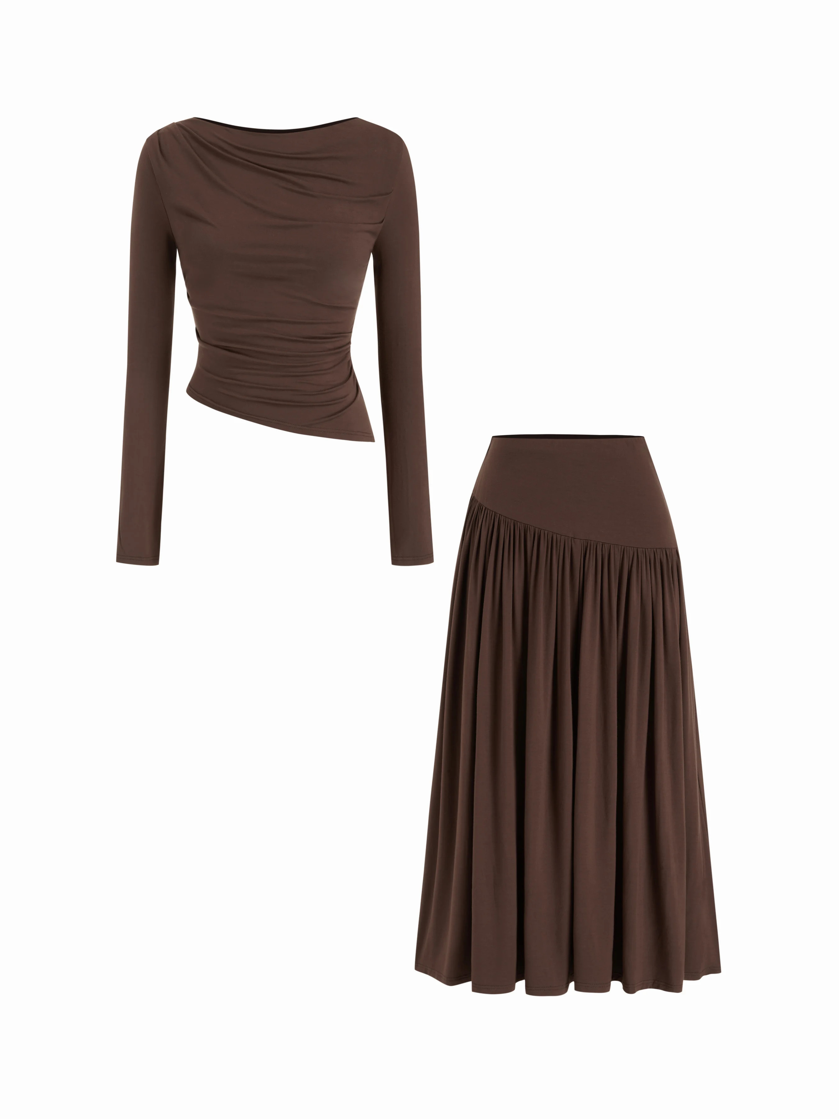 Knit Fabric Boat Neck Ruched Asymmetrical Hem Top & Elastic Waist Maxi Skirt Set  For Daily Casua... | Cider