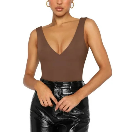 REORIA Women s Sleeveless Bodysuit Sexy Deep V Neck Racerback Tank Tops | Walmart (US)