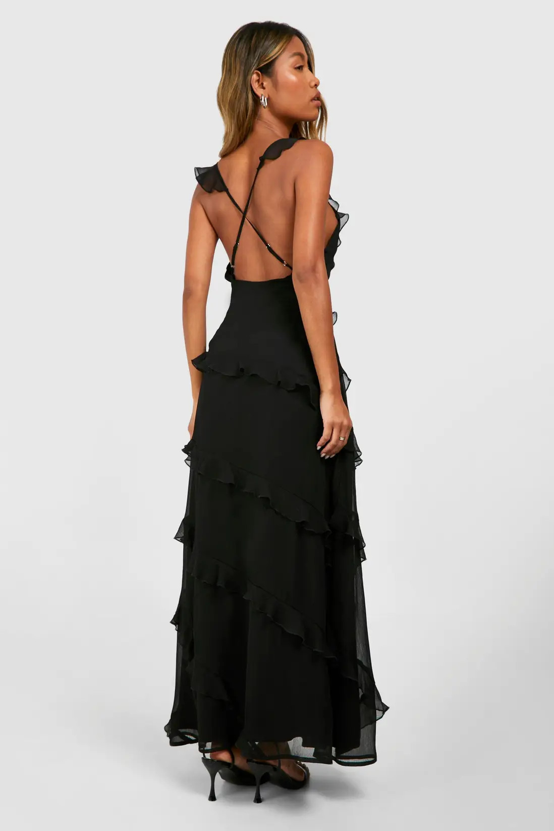 Black Chiffon Ruffle Strappy Maxi Dress | Boohoo USA | boohoo (US & Canada)