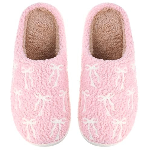 Shyyween Pink Bow Slippers for Women Cute Coquette Bow Slippers Plush Fluffy Warm Fur Lined House Winter Home Shoes Women Indoor Outdoor | Amazon (US)
