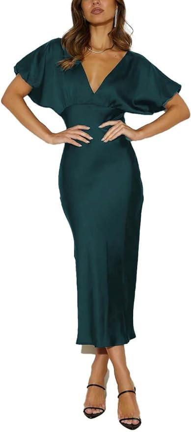 Summer Satin V Neck Puffy Sleeves High Waist Midi Dresses Silk Sexy Tie Back Formal Cocktail Dres... | Amazon (US)
