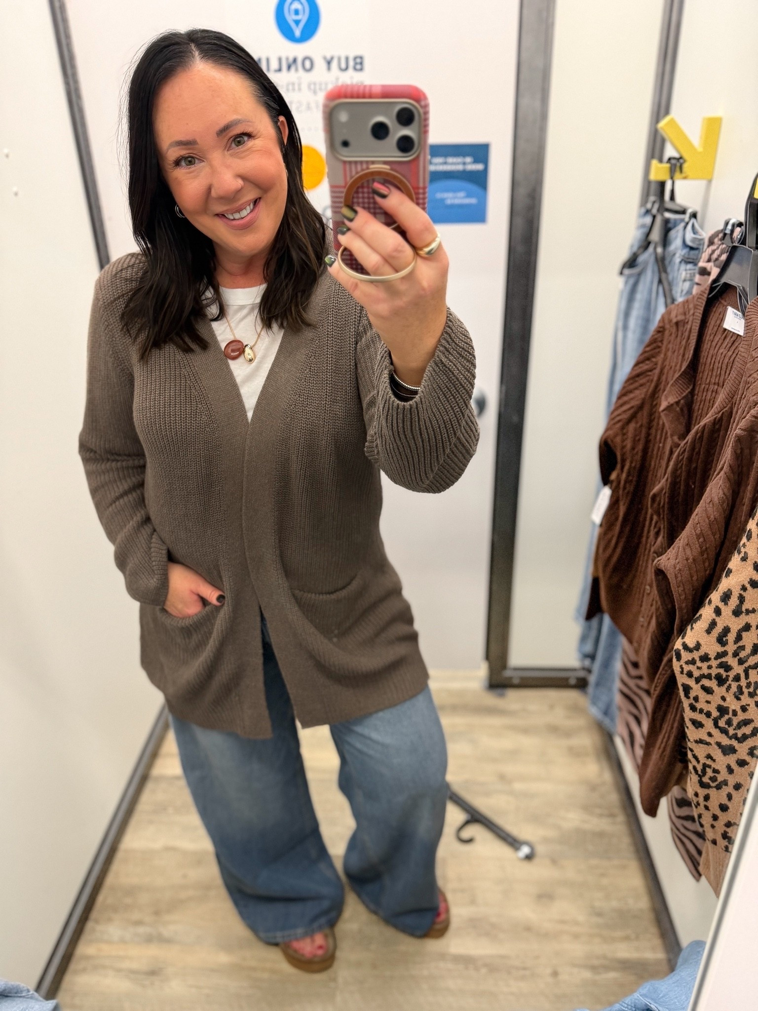 New long cardigans at Old Navy! Large gives a nice oversized fit. Size 14 regular low rise, baggy jeans. These were tight in the stomach area, so I would need a size 16 in these. ￼

#LTKMidsize #LTKSaleAlert #LTKOver40