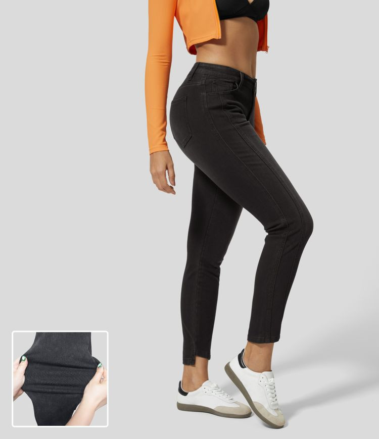 HalaraMagic™ Mid Rise Button Zipper Multiple Pockets Stretchy Knit Casual Skinny Jeans | HALARA