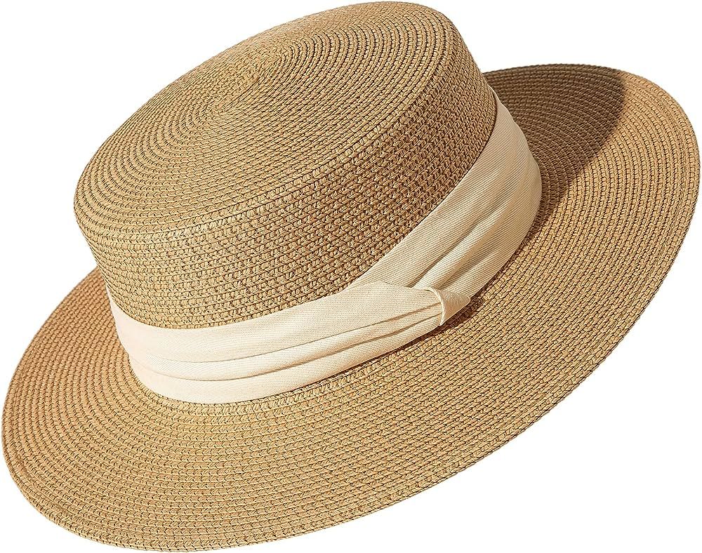 Lanzom Sun Hats for Women Wide Brim Straw Boater Hat Foldable Packable Beach Hat for Summer Fit S... | Amazon (US)