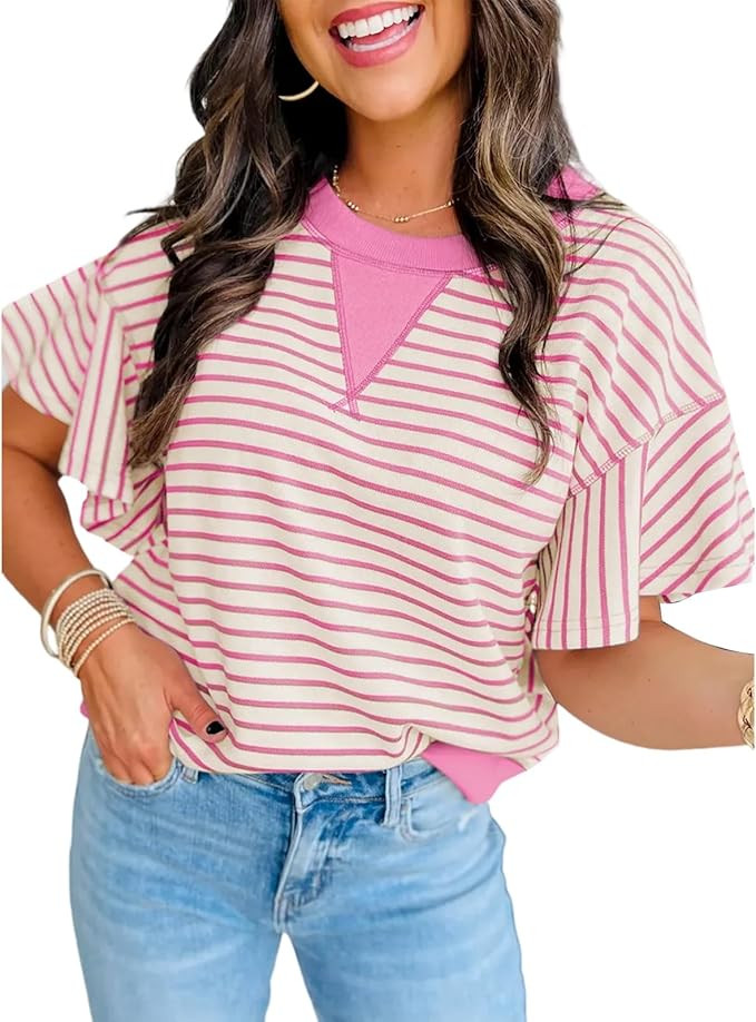 Women's Summer Striped Ruffle Short Sleeve Tops Contrast Colorblock 2025 Round Neck Loose Fit Cut... | Amazon (US)