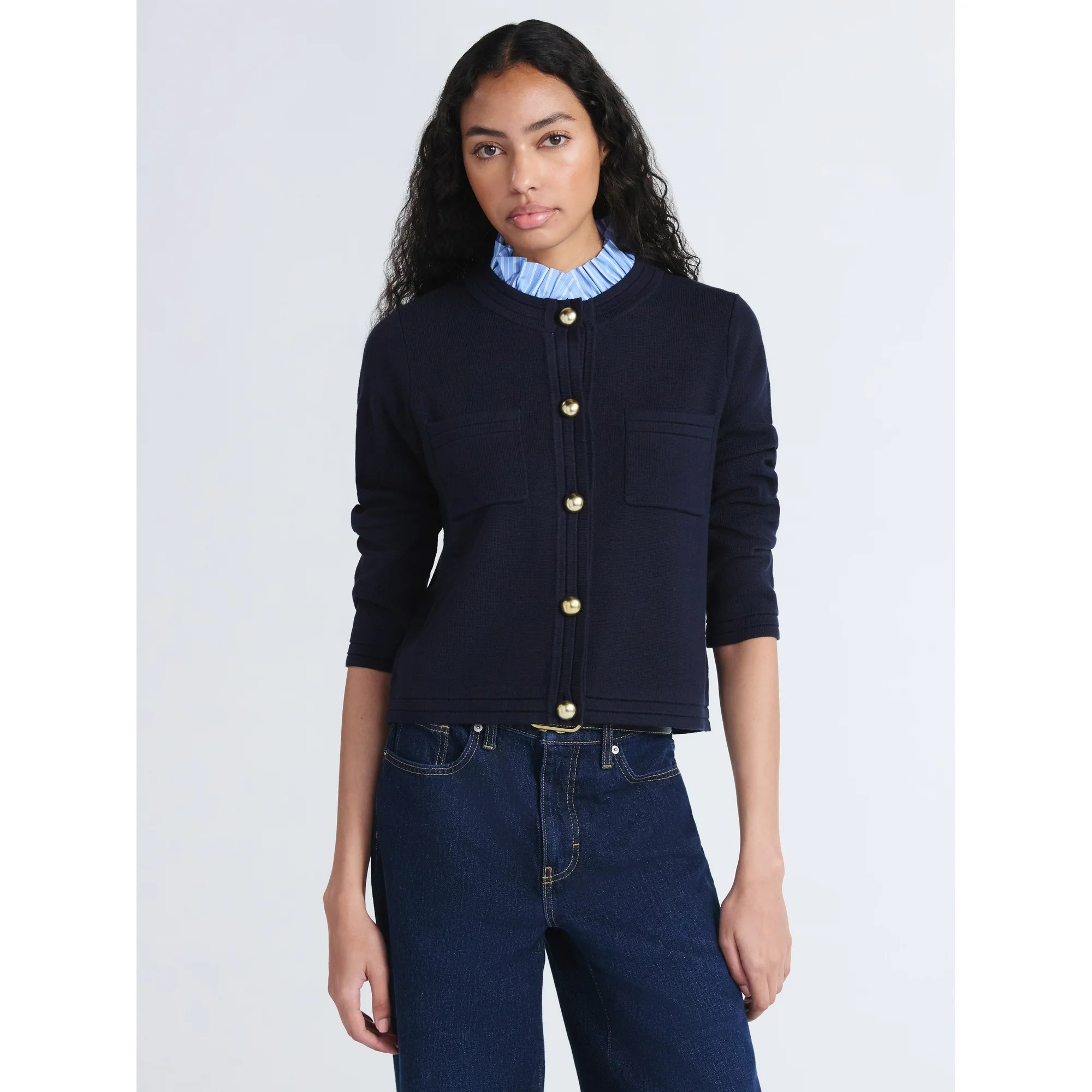 Free Assembly Women's and Women's Plus Ruffle Neck Chest Pocket Cardigan, Sizes XS-4X | Walmart (US)