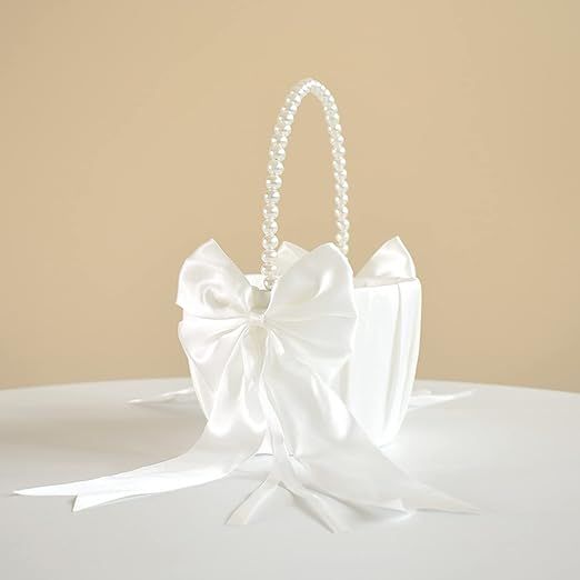 Wedding Flower Girl Basket with Cute Pearl Handle Bowknot Satin Flower Baskets for Wedding Ceremo... | Amazon (US)