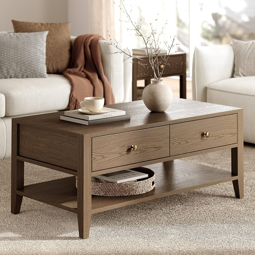 ModernMate 42" Farmhouse Coffee Table with Storage, Rectangular Rustic Wood Coffee Table with 2 D... | Amazon (US)