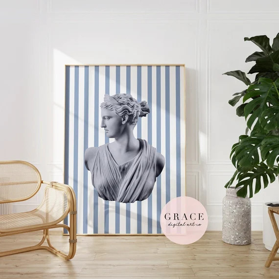 Striped Ancient Aesthetic Statue Head Print  Blue and White - Etsy | Etsy (US)