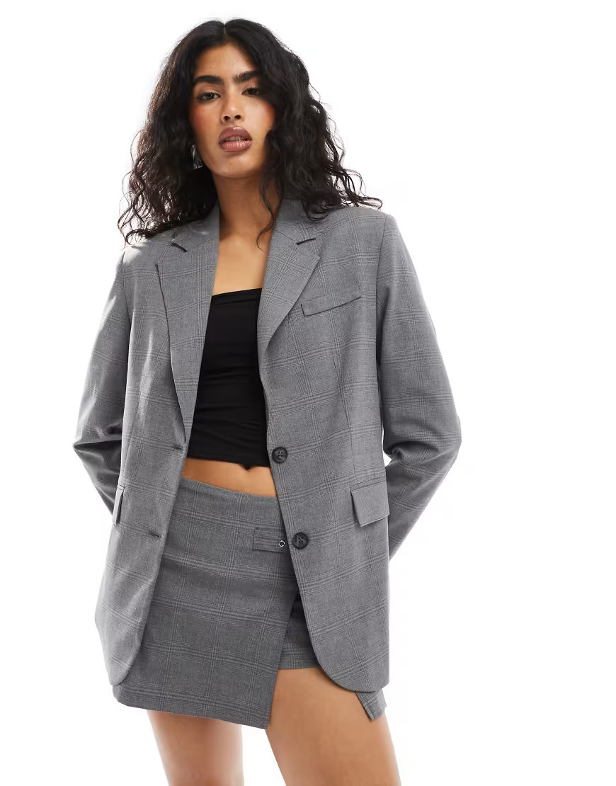 Pull&Bear oversized blazer in gray plaid | ASOS (Global)